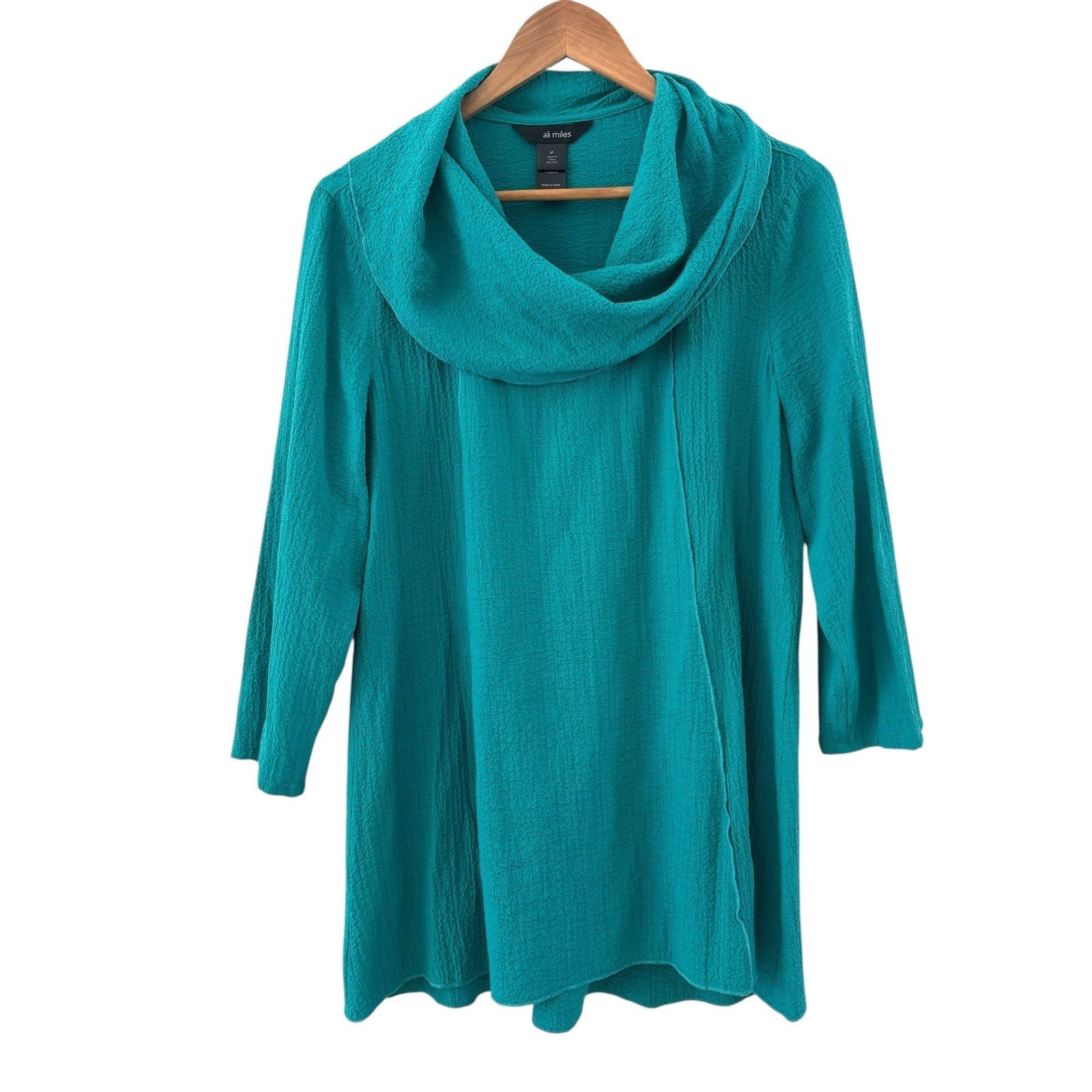 Ali Miles Tunic Top Womens Size M Teal Boho Cowl Neck Knit Artsy Teacher